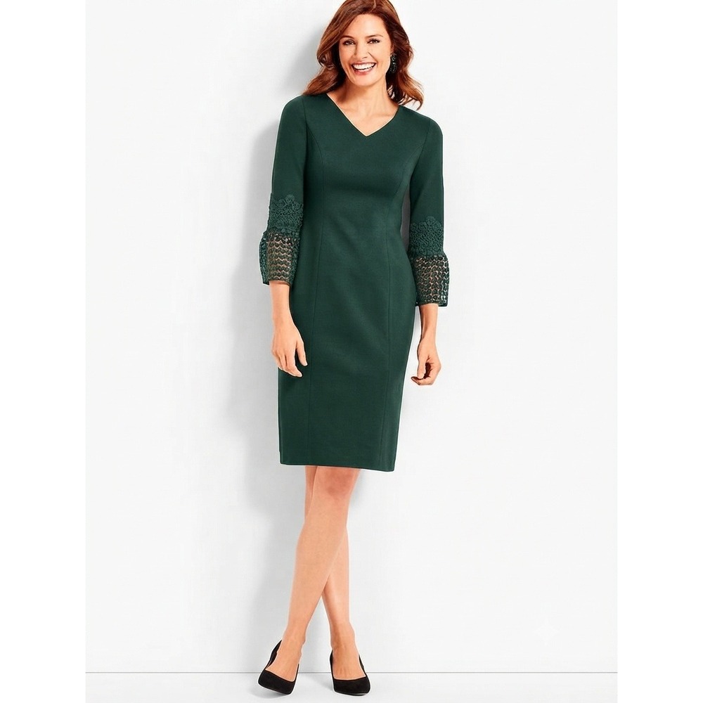 Talbots Womens Green Lace Cuff V-Neck Sheath Dress Size 14‎ Ponte Knit Holiday